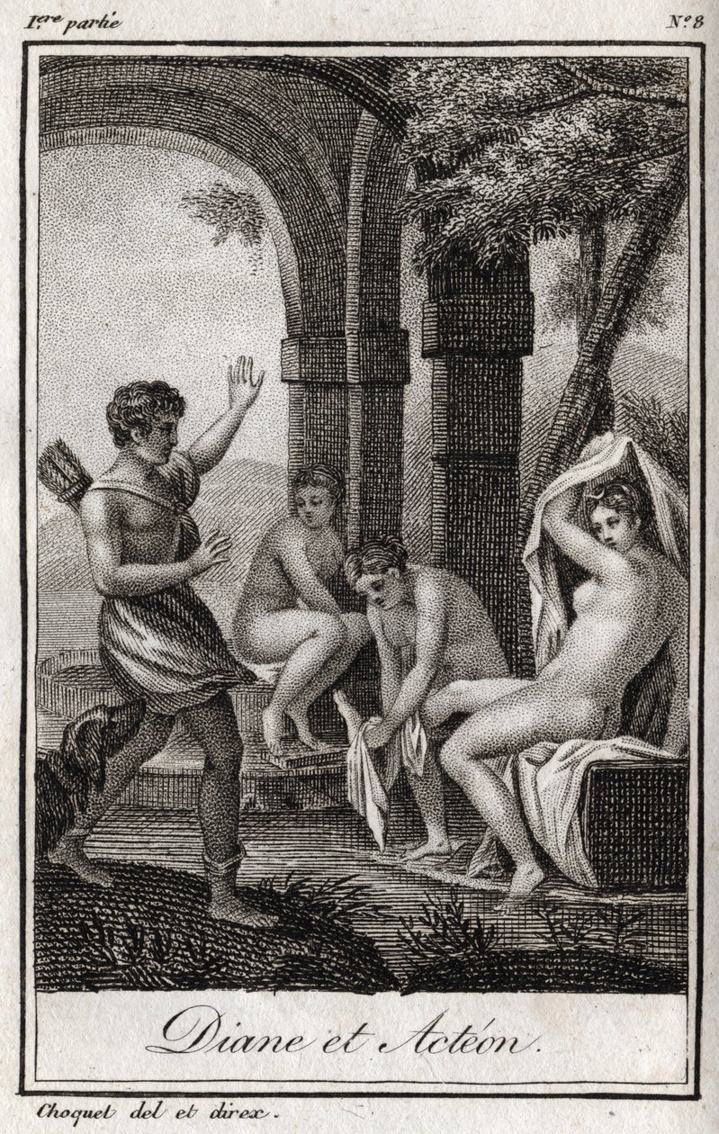 Diana y Acteón. Diana sorprendida en el baño por el cazador Acteón. Grabado de 1819 en “Cartas a Emilie sobre la mitología” de Charles Albert Demoustier (1760-1801). Colección privada. de Anonymous Anonymous