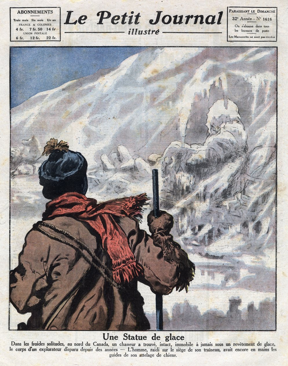Descubrimiento del cuerpo de un explorador en el hielo de Canadá, desaparecido durante años. Ilustración tomada de “Le petit journal” del 11/12/1921. Colección privada de Anonymous Anonymous