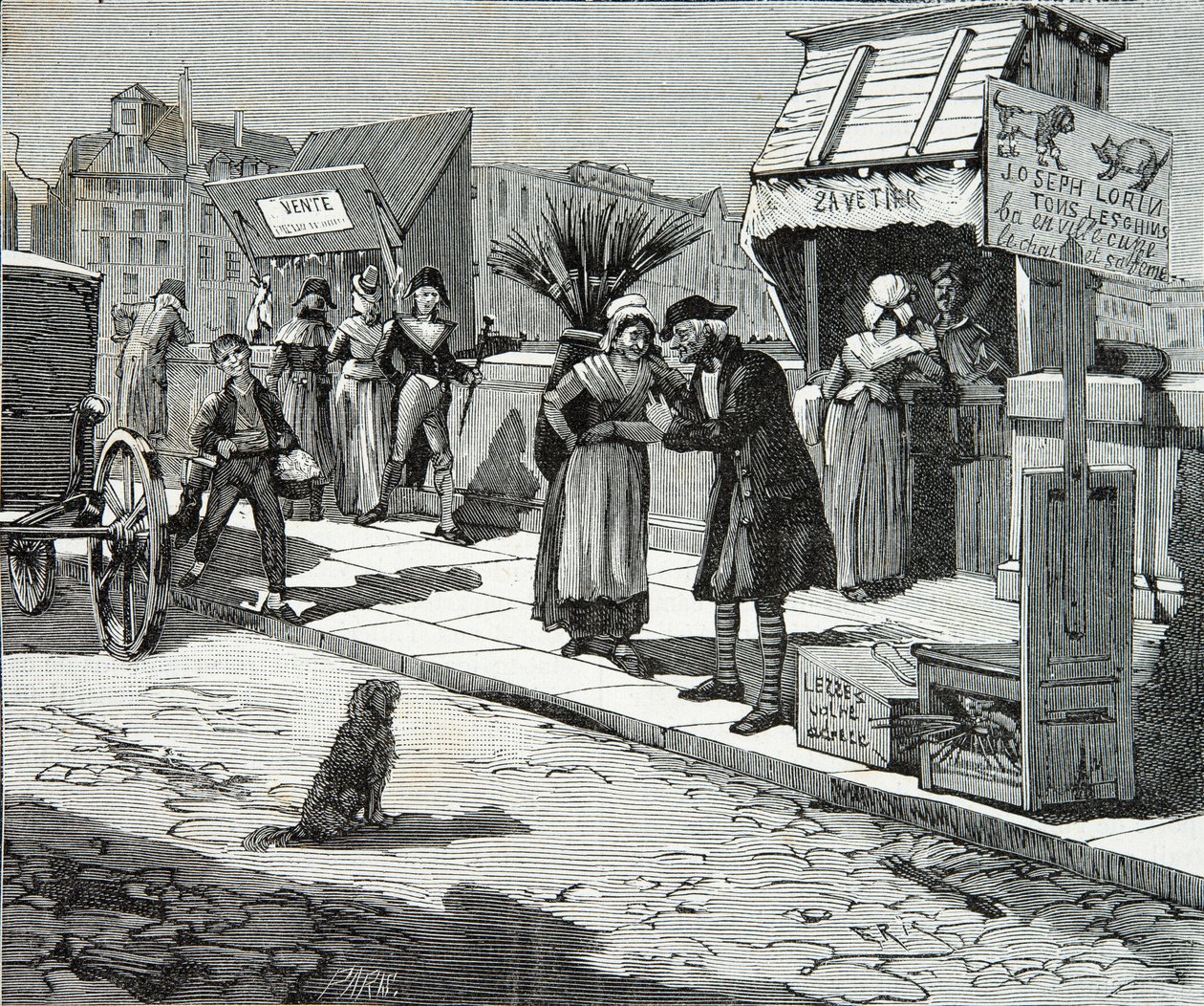 Peluqueros de perros en el puente nueve de París alrededor de 1796, grabado, colección privada de Anonymous Anonymous
