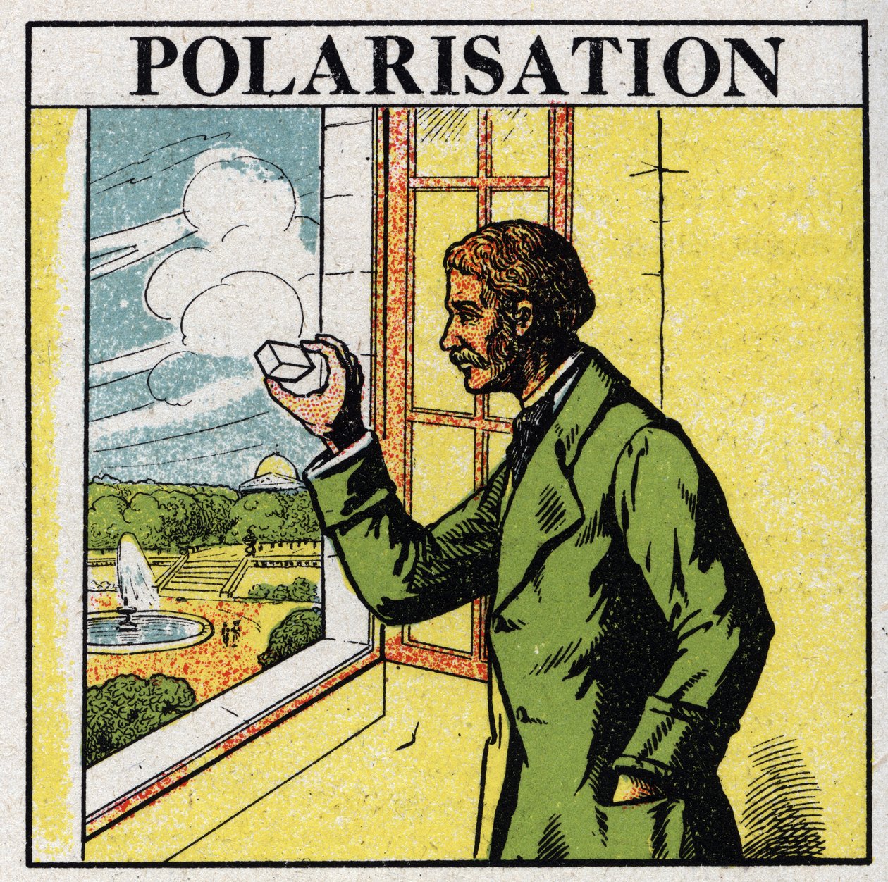 Doble refracción: Etienne Louis Malus (1775-1812) observa a través de un espato la luz del sol poniente reflejada por las ventanas de vidrio de Luxemburgo en 1808. Ilustración anónima de 1925. Colección privada. de Anonymous Anonymous