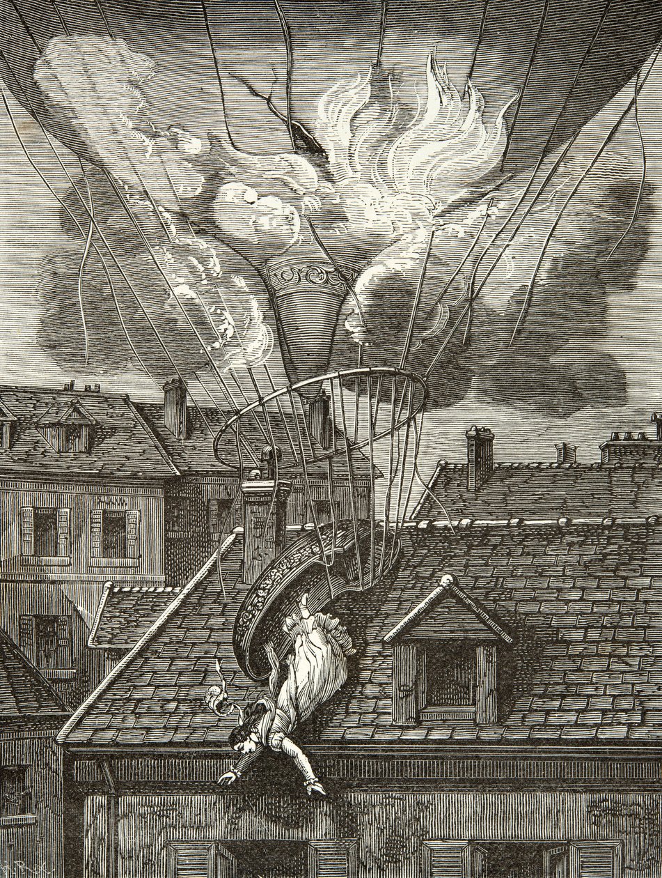 Muerte dramática de Madame Sophie Blanchard (1778-1819), aeronauta el 6 de julio de 1819 sobre los jardines de Tivoli en París, grabado, colección privada de Anonymous Anonymous