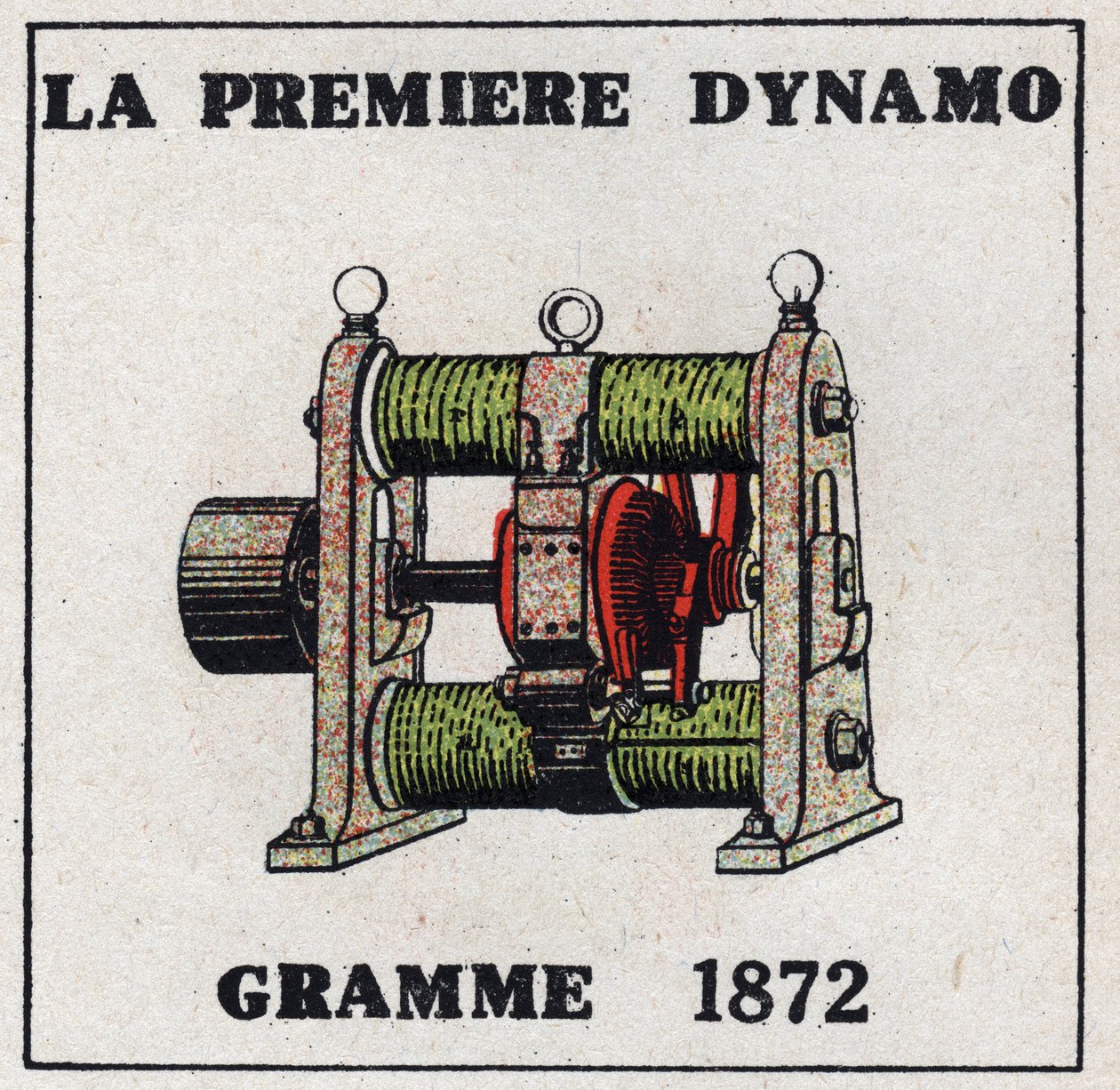 Dínamo: el primer dínamo inventado por Zénobe Théophile Gramme en 1872. Ilustración anónima de 1925. Colección privada. de Anonymous Anonymous