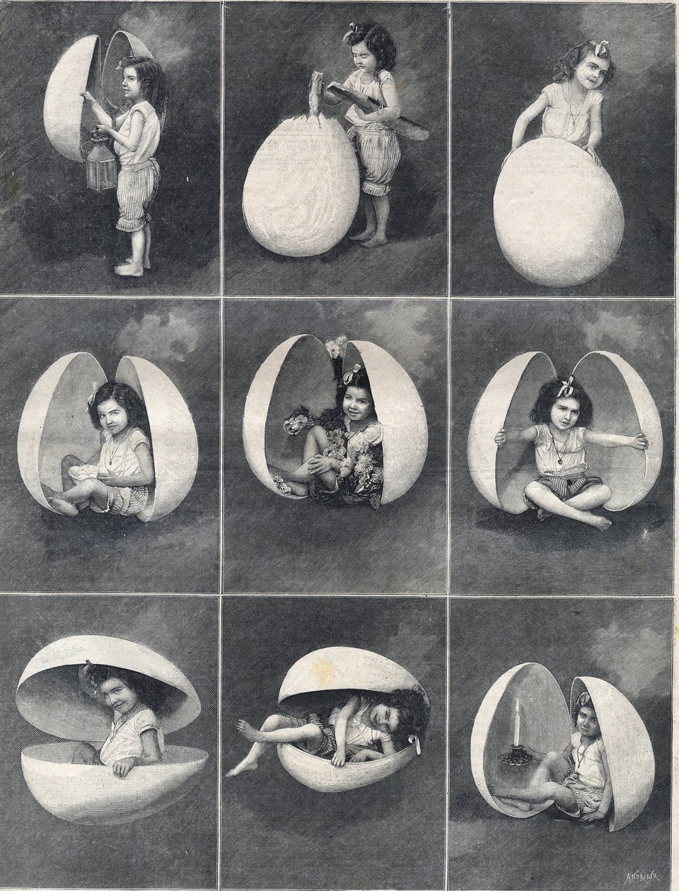 Huevos de Pascua: una niña en un huevo. Grabado en 