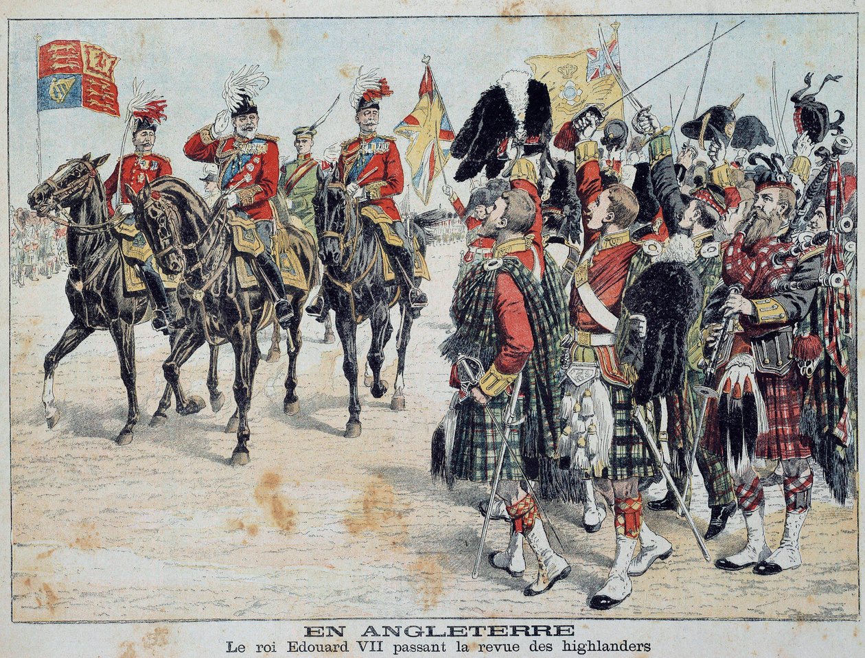 Eduardo VII (1841-1910) Rey de Inglaterra revisa a los Highlanders escoceses. Ilustración del suplemento ilustre de 