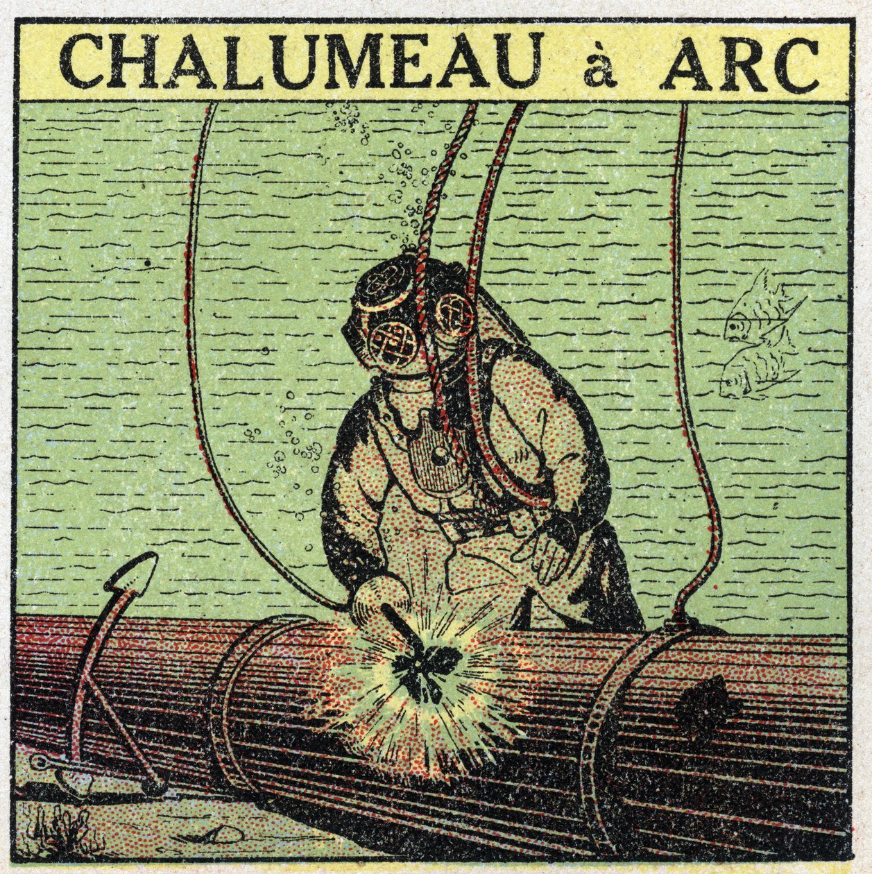 Herramientas eléctricas: antorcha de arco utilizada por un buzo en el fondo del agua. Ilustración anónima de 1925. Colección privada. de Anonymous Anonymous