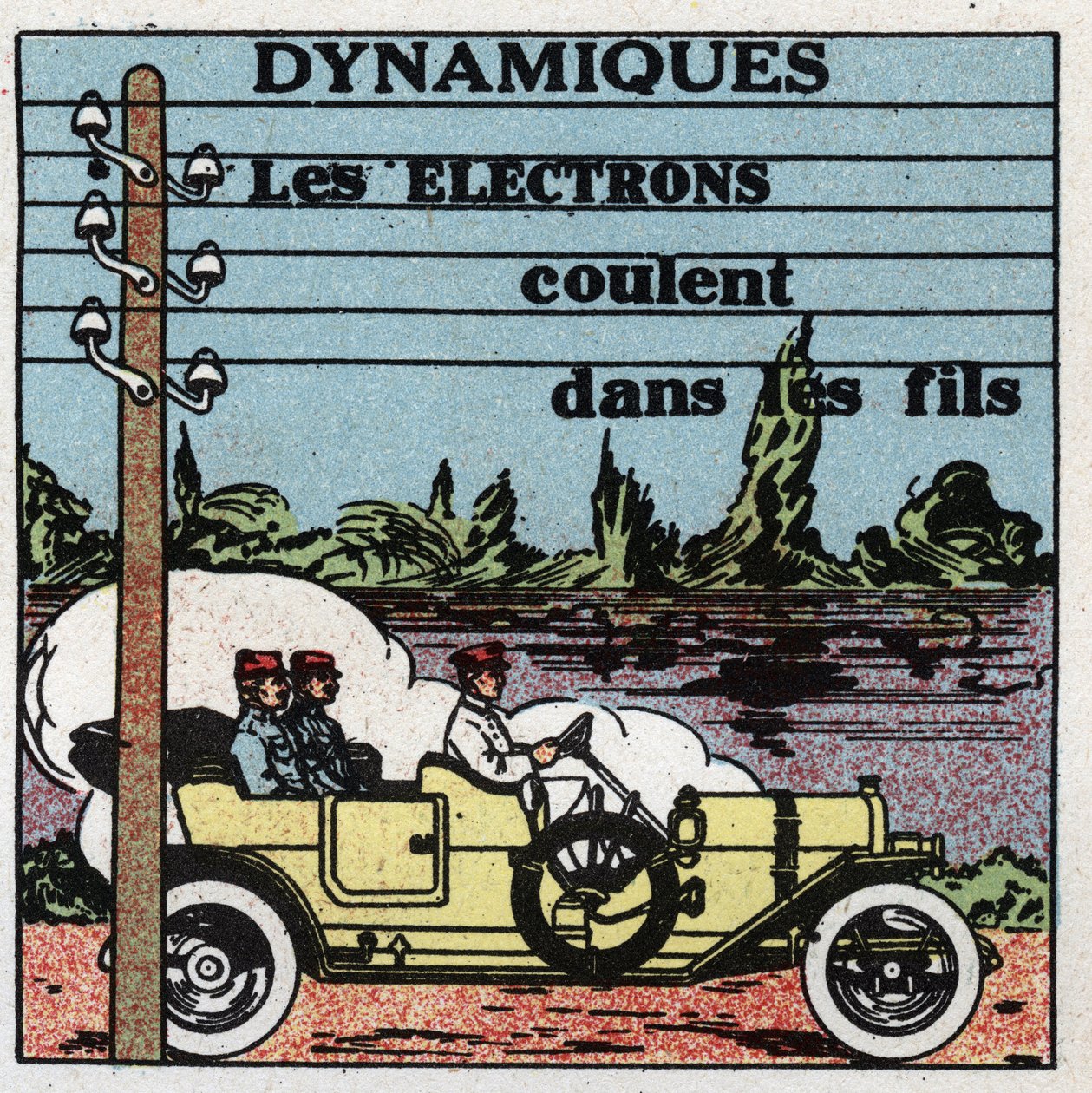 Fenómenos eléctricos: fenómenos dinámicos. Los electrones fluyen a través de cables eléctricos. Ilustración anónima de 1925. Colección privada. de Anonymous Anonymous