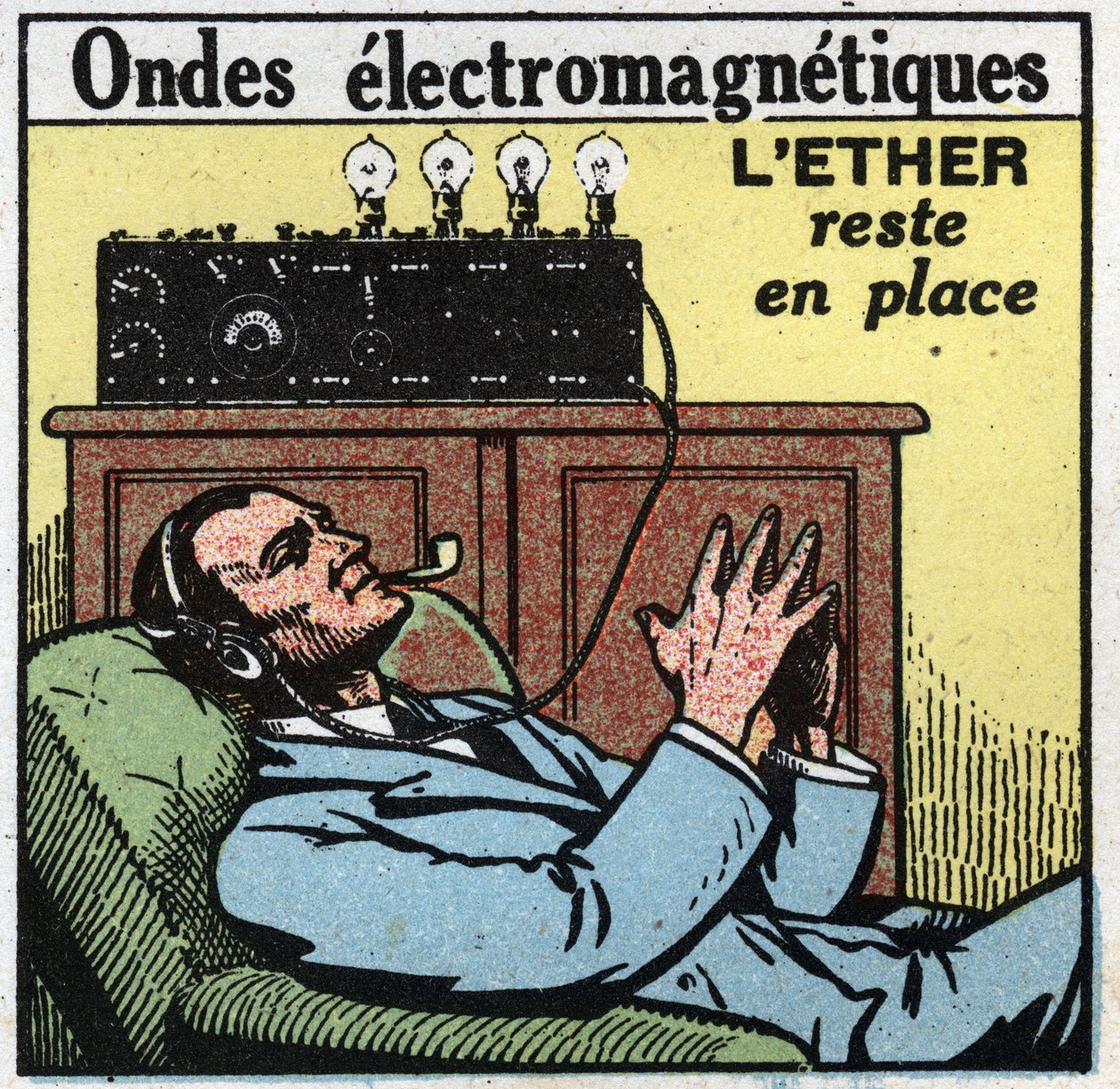 Fenómenos eléctricos: si el éter permanece en su lugar, el movimiento vibratorio da las ondas electromagnéticas utilizadas en la T.S.F. Ilustración anónima de 1925. Colección privada. de Anonymous Anonymous