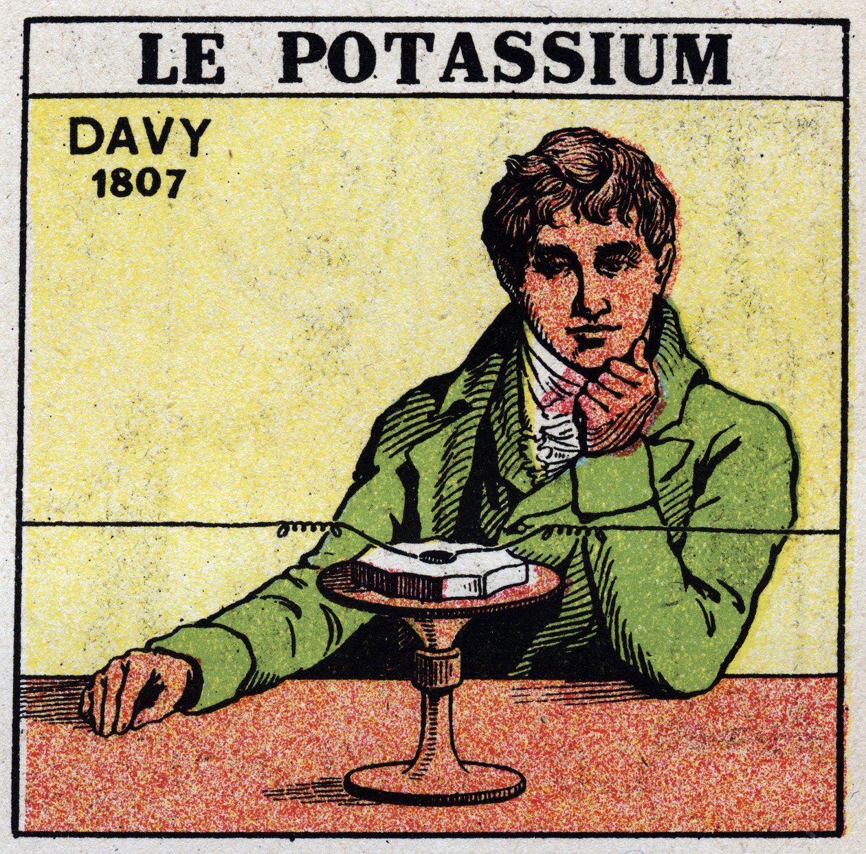 Electroquímica: descomposición de potasa (potasio) y soda por Sir Humphry Davy en 1807. Ilustración anónima de 1925. Colección privada. de Anonymous Anonymous