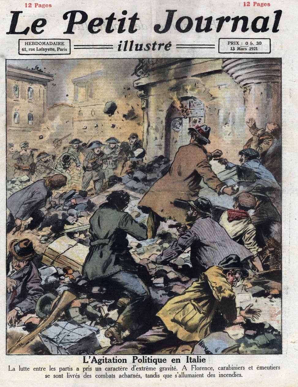 Disturbios en Florencia entre comunistas y fascistas el 27 de febrero. Intervención de carabinieri. Ilustración tomada de “Le petit journal” del 13/03/1921. Colección privada de Anonymous Anonymous