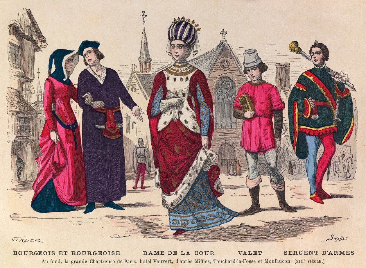 Grabado - Burgués y burguesa, Dama de la Corte, ayuda de cámara, sargento de armas en París en el siglo XIII (al fondo la gran Cartuja de París, hotel Vauvert) - Trajes de corte en Francia durante el siglo XIII - colección privada de Anonymous Anonymous