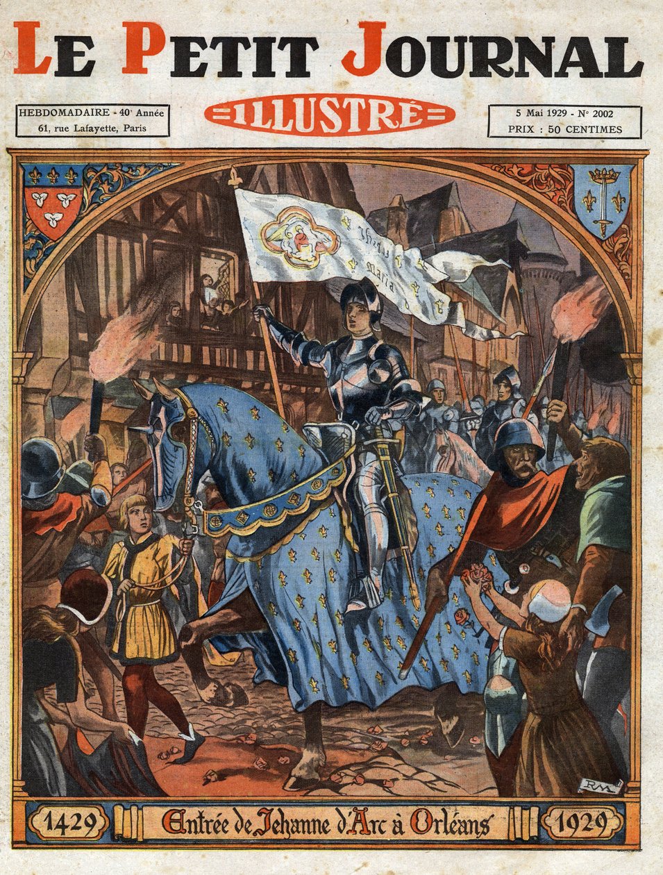 Entrada de Juana de Arco (1412-1431) a Orleans en 1429. Aniversario de los 500 años del evento. Grabado en "Le petit Journal Illustré", el 5/05/1929 de Anonymous Anonymous