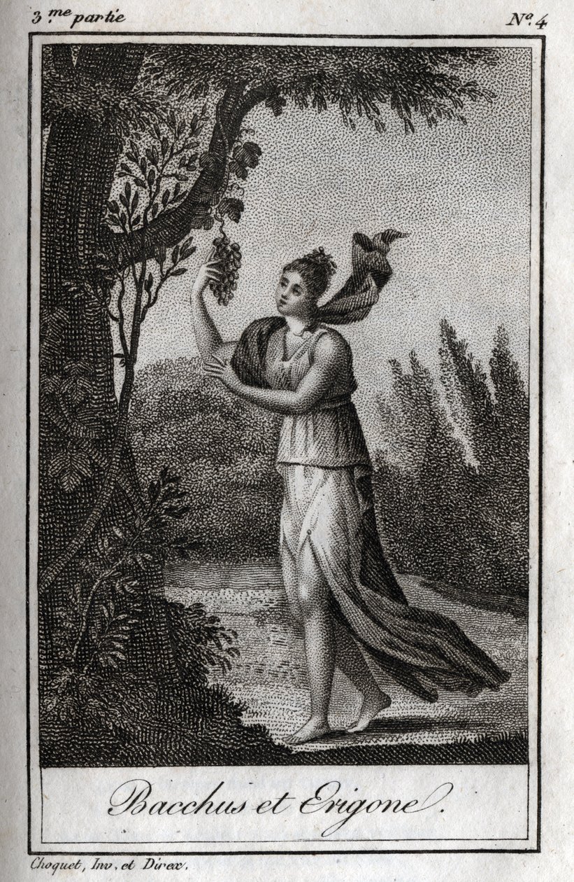 Erigo y Baco, Grabado de 1819 en "Lettres a Emilie sur la mythologie" por Charles Albert Demoustier (1760-1801). Colección privada. de Anonymous Anonymous