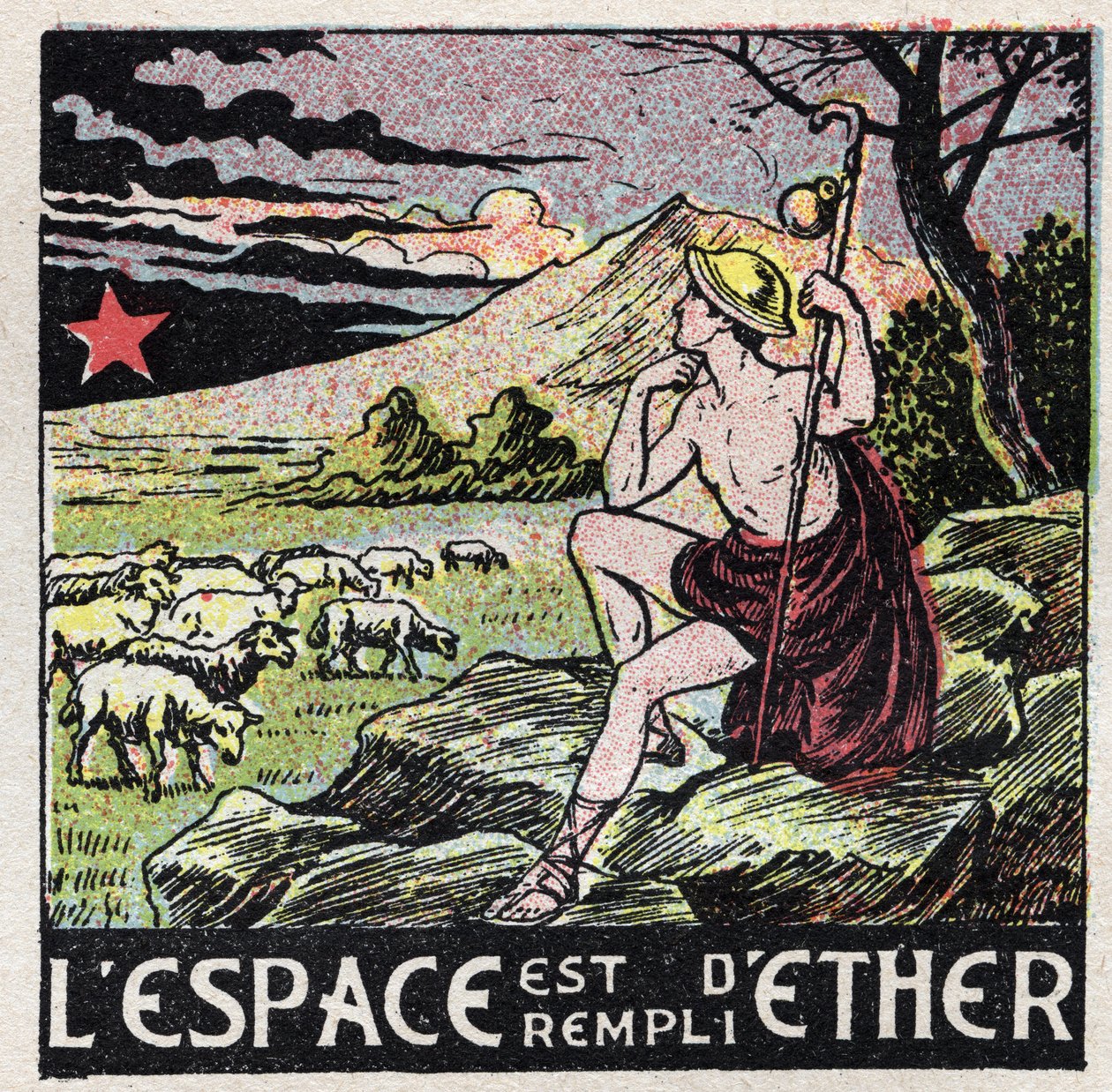 Éter (material): el espacio está lleno de éter. Un pastor de la Antigüedad contemplando el cielo. Ilustración anónima de 1925. Colección privada. de Anonymous Anonymous