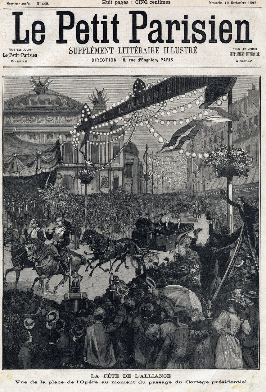 Fiesta de la Alianza Franco-Rusa: vista de la Plaza de la Ópera durante el paso del cortejo presidencial de Félix Faure (1841-1899). En "Le Petit Parisien" el 12/09/1897. Colección privada de Anonymous Anonymous