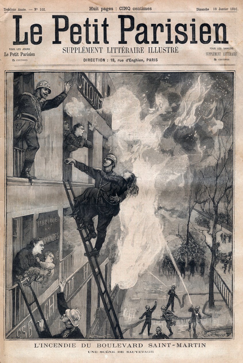 Bombero de París: escena de rescate durante el incendio del Boulevard Saint-Martin. Grabado en “Le petit Parisien” de 1891. Colección privada. de Anonymous Anonymous