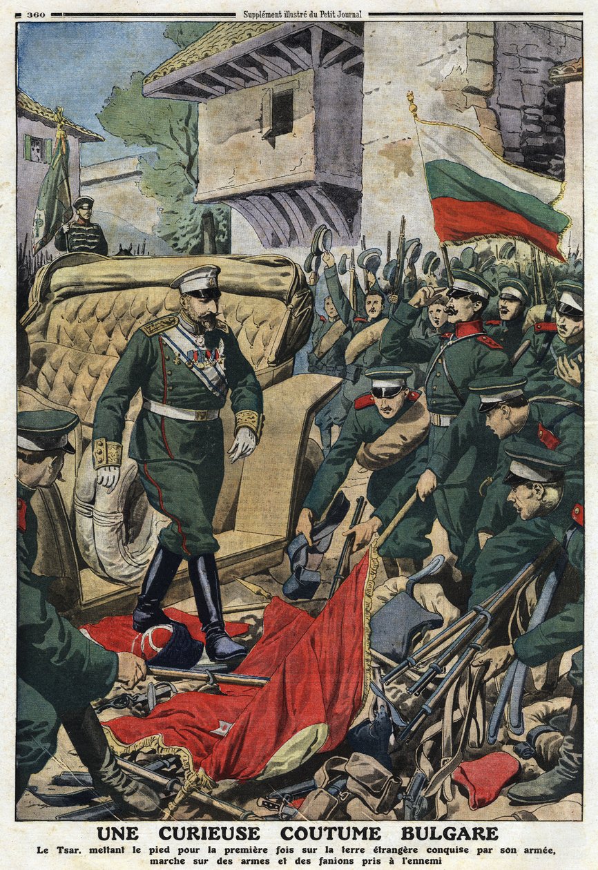 Primera Guerra Balcánica (Balcanes): Zar Fernando I de Bulgaria (1861-1948) marchando en tierras extranjeras conquistadas por su ejército en Mustapha-Pasha (Mustapha Pasha), ahora Ferdinandovo, pisoteando las armas y estandartes de los enemigos” ilustració de Anonymous Anonymous