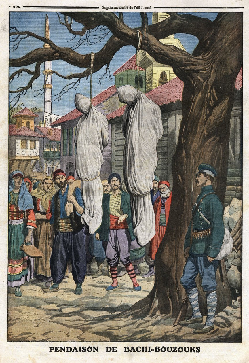 Primera guerra balcánica: ahorcamiento de Bachibuzuk, jinetes mercenarios del ejército otomano, capturados por el ejército búlgaro en el pueblo de Ketcheukeli. Ilustración tomada de 
