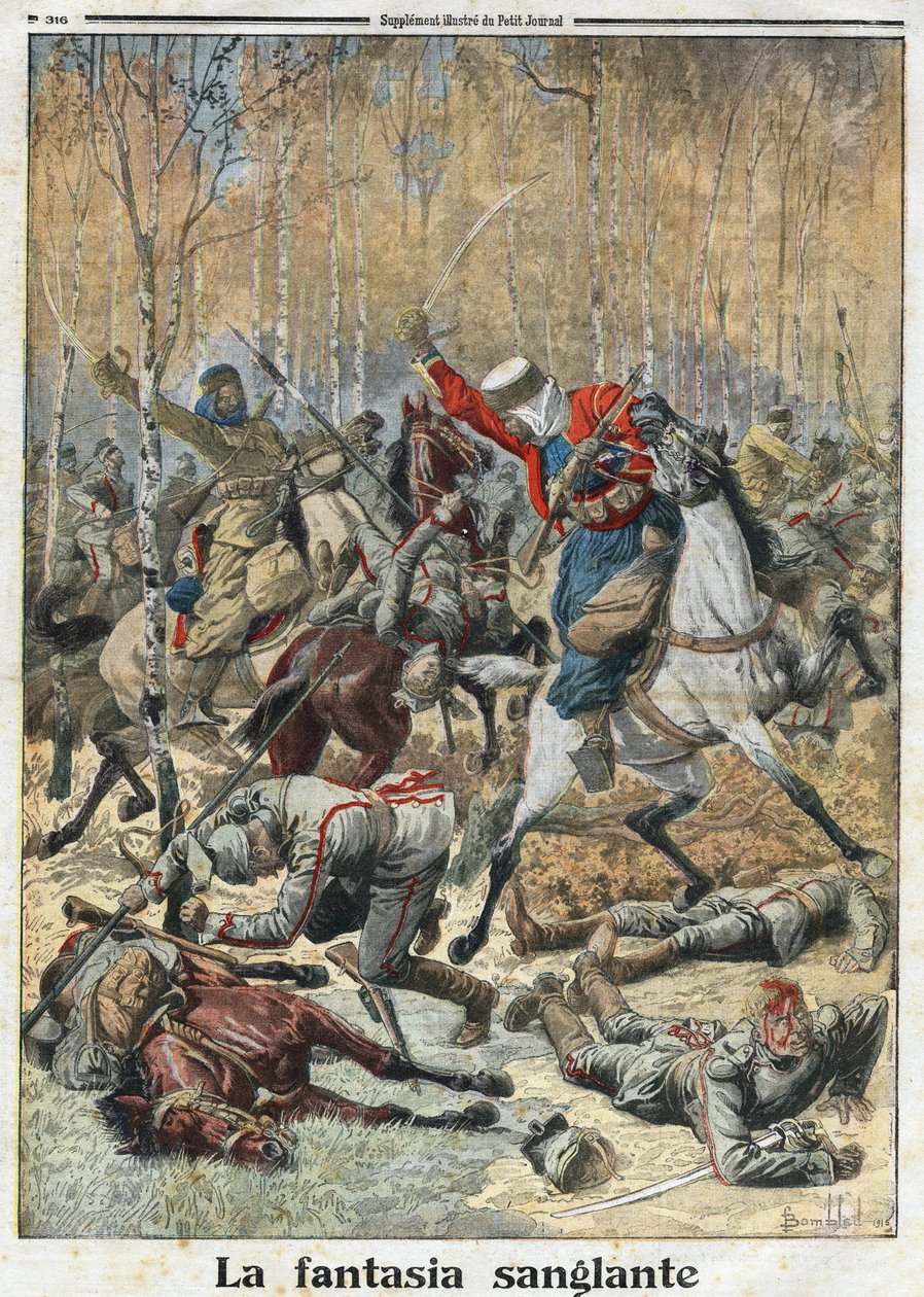 Primera Guerra Mundial 1914-1918: “La Fantasía Sangrienta”. En el bosque, una tropa de treinta ulanos (jinetes alemanes con lanza) luchada por ocho victoriosos spahis argelinos. Grabado en “Le Petite Journal”, el 28/11/1915. Colección privada. de Anonymous Anonymous