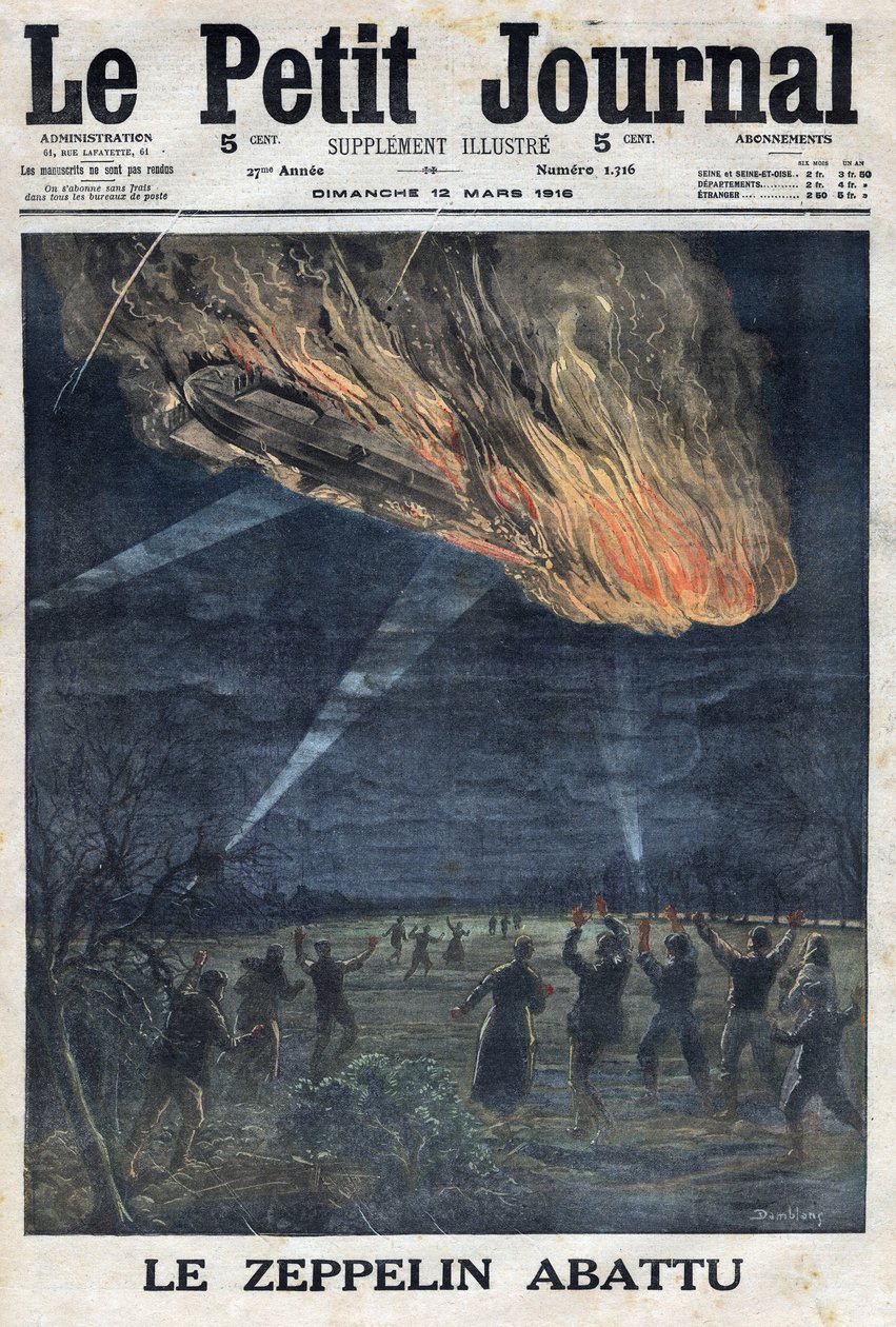 Primera Guerra Mundial 1914-1918. Un zeppelin del ejército alemán derribado al aire libre por el ejército francés cerca de Sainte Menehould. En 