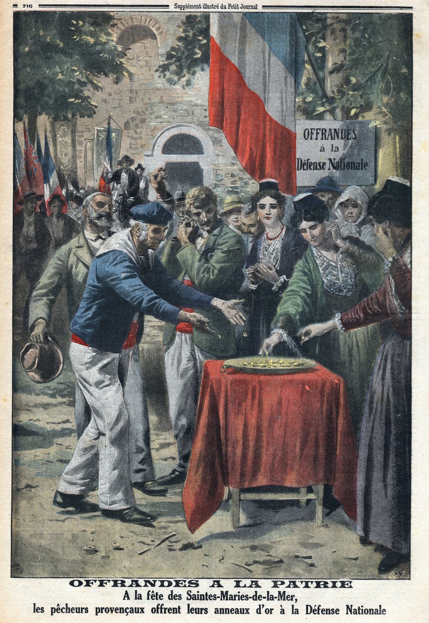 Primera Guerra Mundial 1914-1918 (Guerra 14-18). En la fiesta de las Saintes Maries de la Mer (Saintes-Maries-de-la-Mer) los marineros ofrecieron a la nación los anillos de oro para financiar la ayuda a la defensa nacional. En "Le Petite Journal", el 12/11 de Anonymous Anonymous