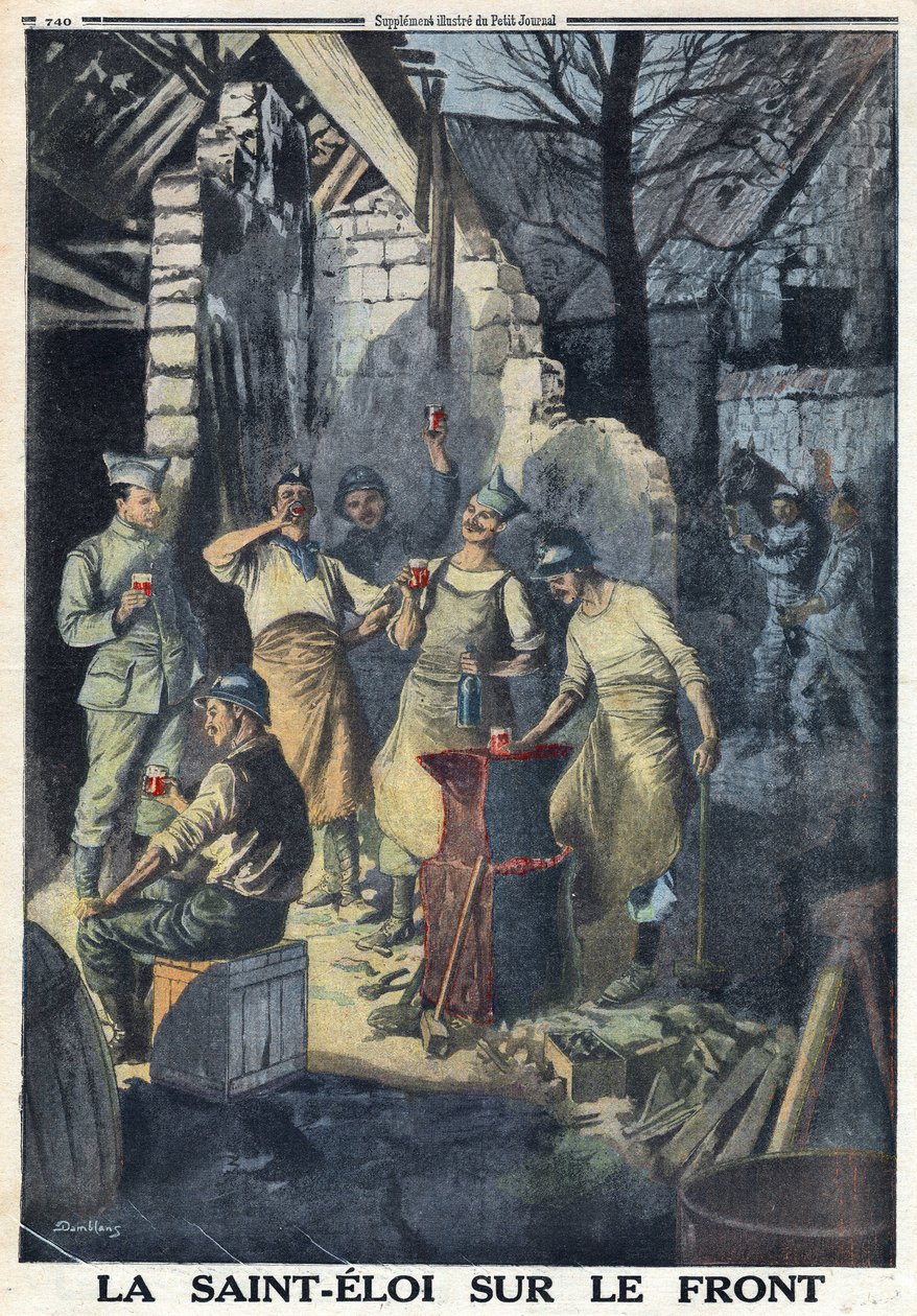 Primera Guerra Mundial 1914-1918. Celebración de San Eloy de los soldados en el frente. Todos beben una copa de vino tinto para la fiesta. En 