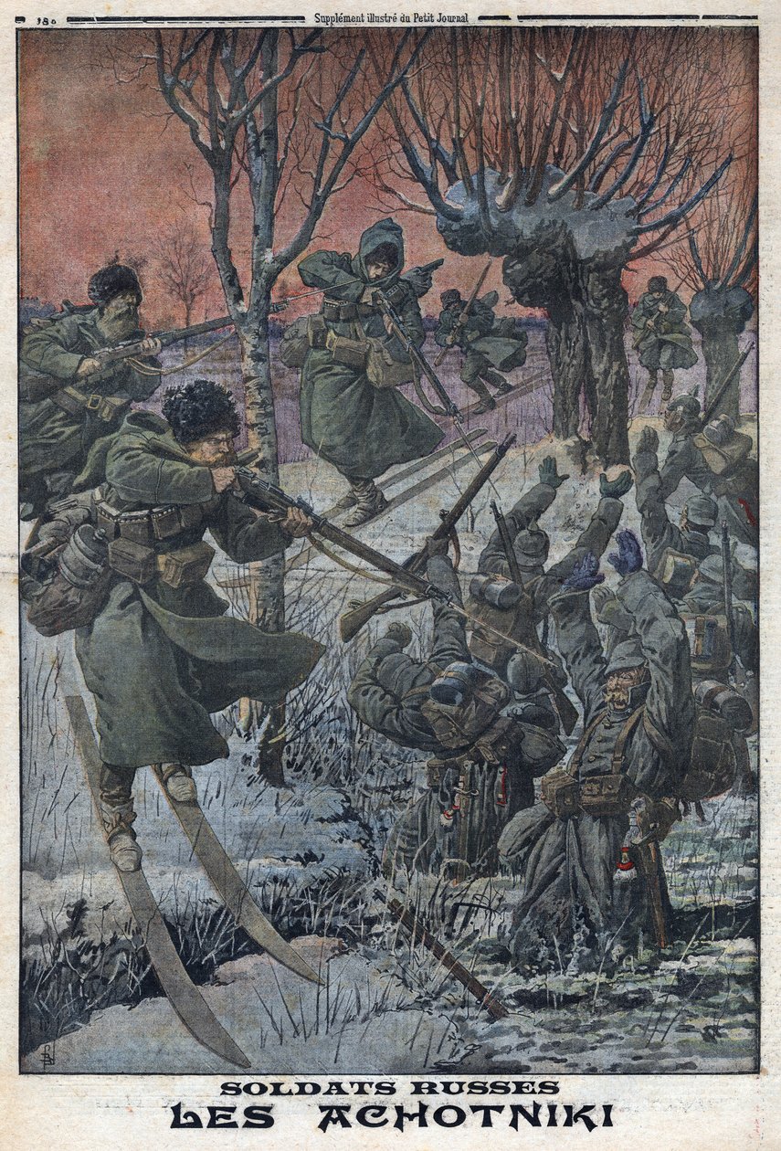 Primera Guerra Mundial 1914-1918. Soldados rusos Ahotniki en esquís disparan a soldados alemanes. En 