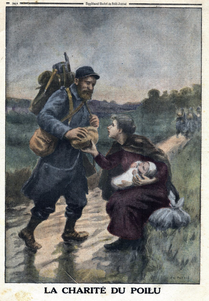 Primera Guerra Mundial 1914-1918 (Guerra 14-18). La caridad del peludo: un soldado francés en un camino se detiene para ofrecer pan a una mujer sola con su bebé. En "Le Petite Journal", el 9/01/1916. Colección privada de Anonymous Anonymous