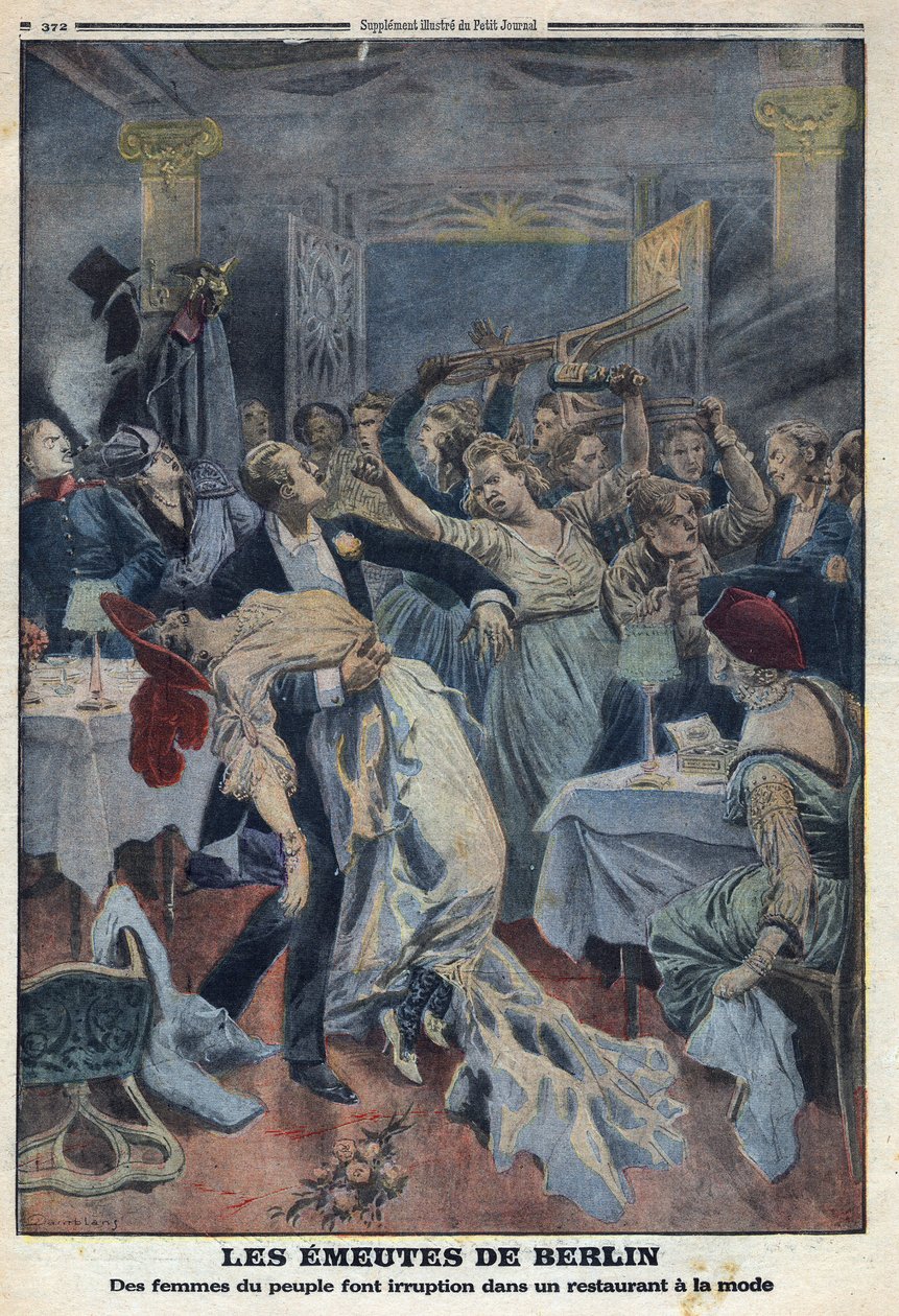 Primera Guerra Mundial 1914-1918. Las mujeres del pueblo irrumpen en un restaurante de moda y exigen el regreso de sus maridos. En "Le Petite Journal", el 16/01/1916. Colección privada de Anonymous Anonymous