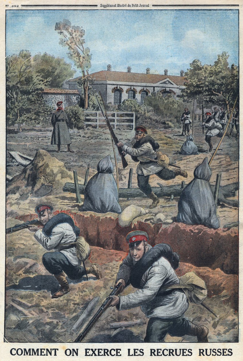 Primera Guerra Mundial 1914-1918. Entrenamiento de jóvenes soldados reclutados por el ejército ruso. En 