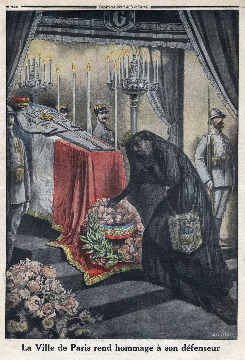 Primera Guerra Mundial 1914-1918. Homenaje de la ciudad de París al General Joseph Simon Gallieni (1849-1916) que defendió la ciudad. En 