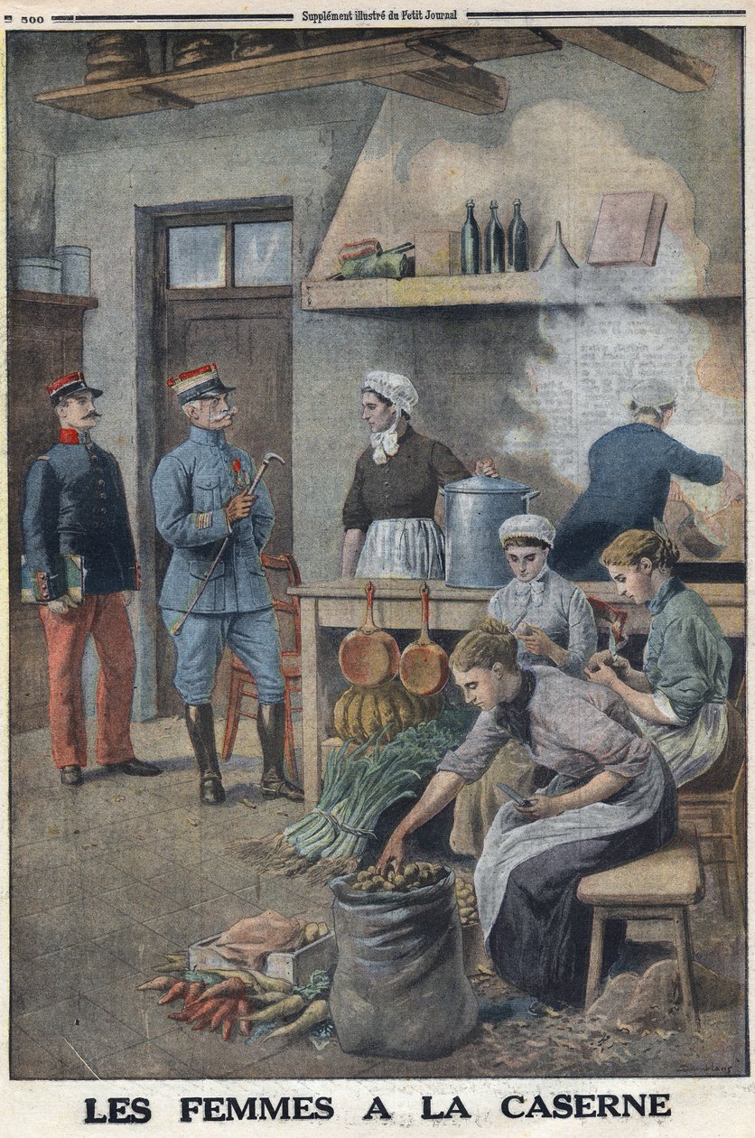 Primera Guerra Mundial 1914-1918. Mujeres preparando comida en las cocinas de los barracones. Tres chefs en la corvea de patatas, pelan las patatas. En 