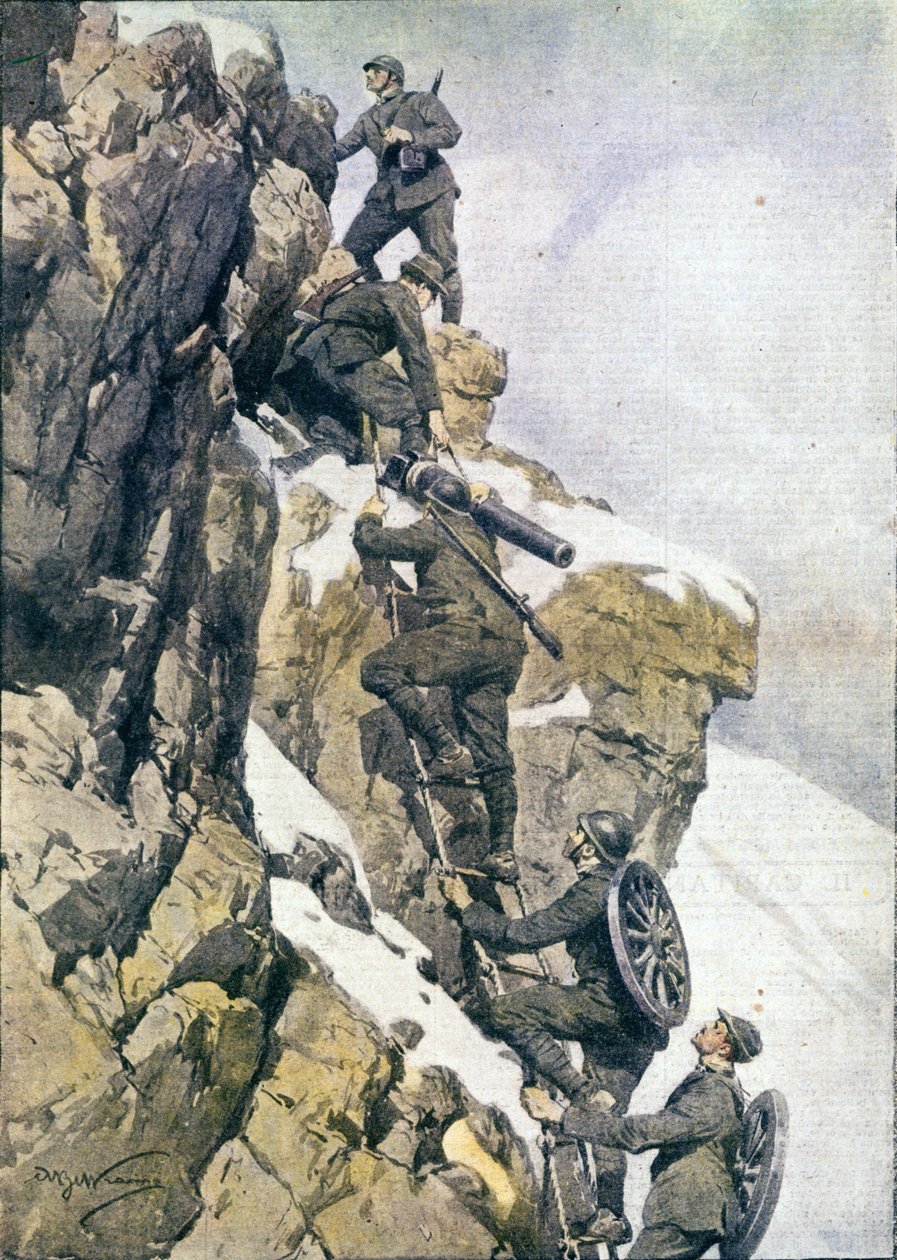 Primera Guerra Mundial: cazadores alpinos italianos (alpino o alpini) transportando material en una cumbre de los Alpes italianos de Anonymous Anonymous