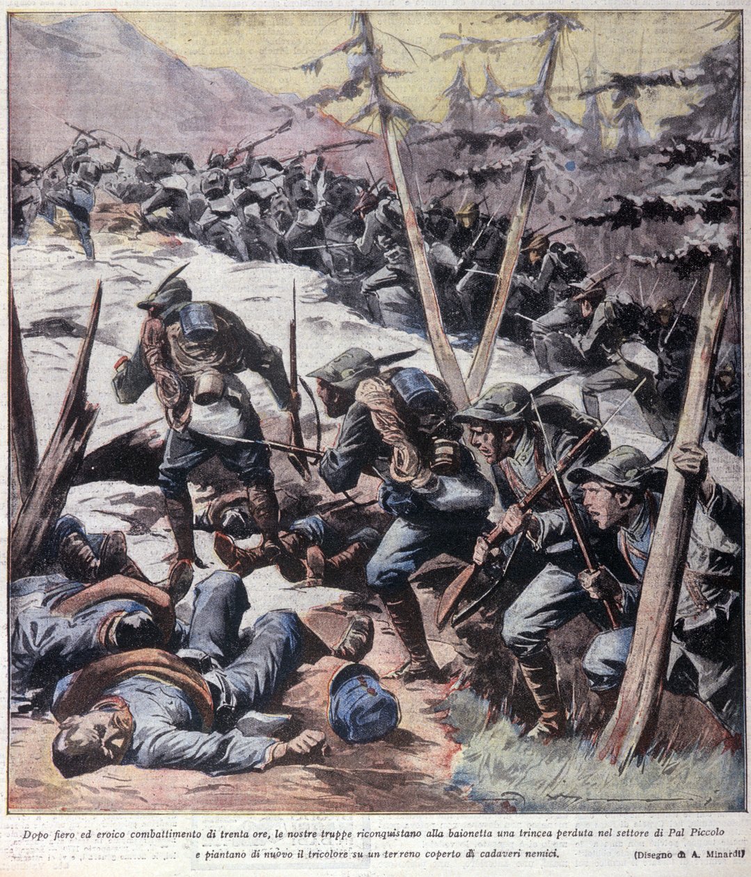 Primera Guerra Mundial: cazadores alpinos italianos recuperan el Pal Piccolo, Alpes italianos 1916. Ilustración de 
