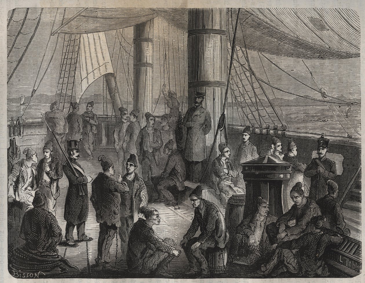 Primer convoy de fuerzas de Toulon a Cayena (Guayana) bajo el Decreto del 8 de diciembre de 1851. Grabado en “Histoire des bagnes depuis leur création à nos jours” (1877) por Pierre Zaccone (1817-1895). Colección privada. de Anonymous Anonymous