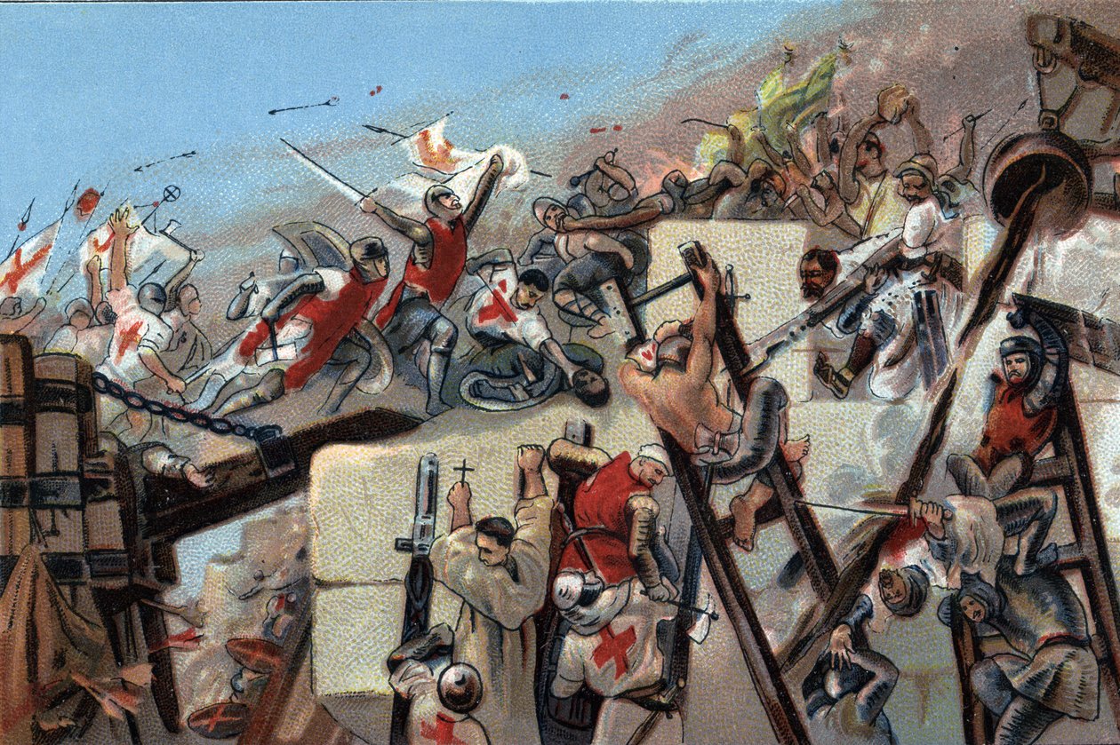 Primera cruzada (1096-1099): la captura de Jerusalén por los cruzados liderados por Godefroy de Bouillon (1061-1100) el 15 de julio de 1099. Cromolitografía publicitaria de chocolates Antoine en Bruselas, principios del siglo XX. Colección privada. de Anonymous Anonymous