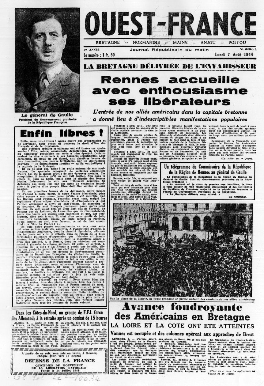 Primer número de West France del 7 de agosto de 1944: La Liberación en el oeste de Francia y el general de Gaulle - fotografía, B.N. de Anonymous Anonymous