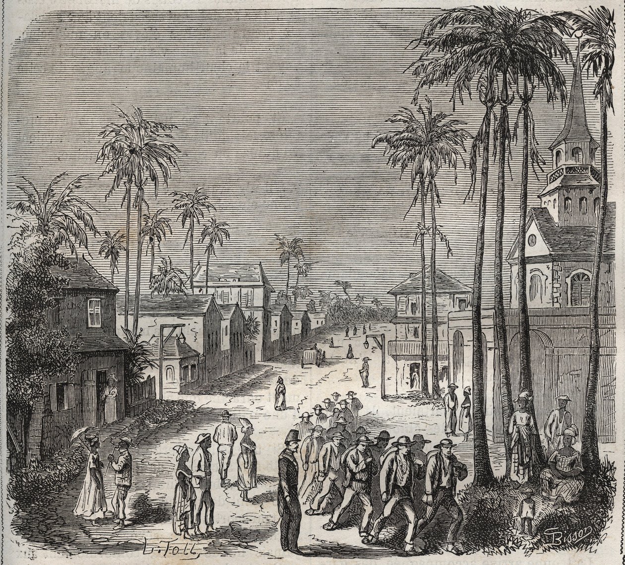 Forzados yendo a trabajar en el penitenciario Saint-Laurent en Cayena (Guayana Francesa) en el siglo XIX. Grabado en “Histoire des bagnes depuis leur création à nos jours” (1877) de Pierre Zaccone (1817-1895). de Anonymous Anonymous