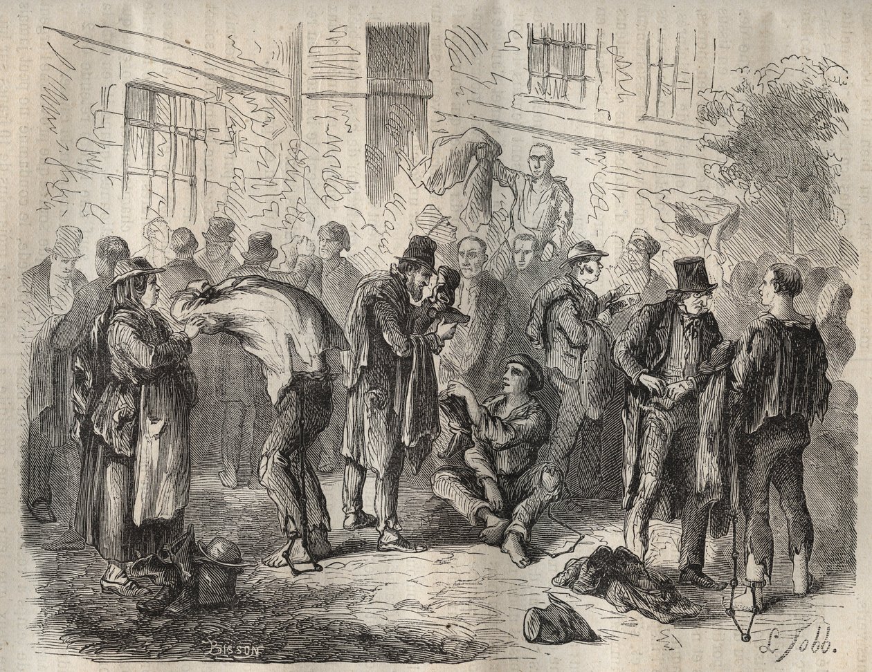 Forzados vendiendo sus pertenencias antes de entrar en el Bagne de Toulon en el siglo XIX. Grabado en “Histoire des bagnes depuis leur creación à nos jours” (1877) por Pierre Zaccone (1817-1895). Colección privada. de Anonymous Anonymous