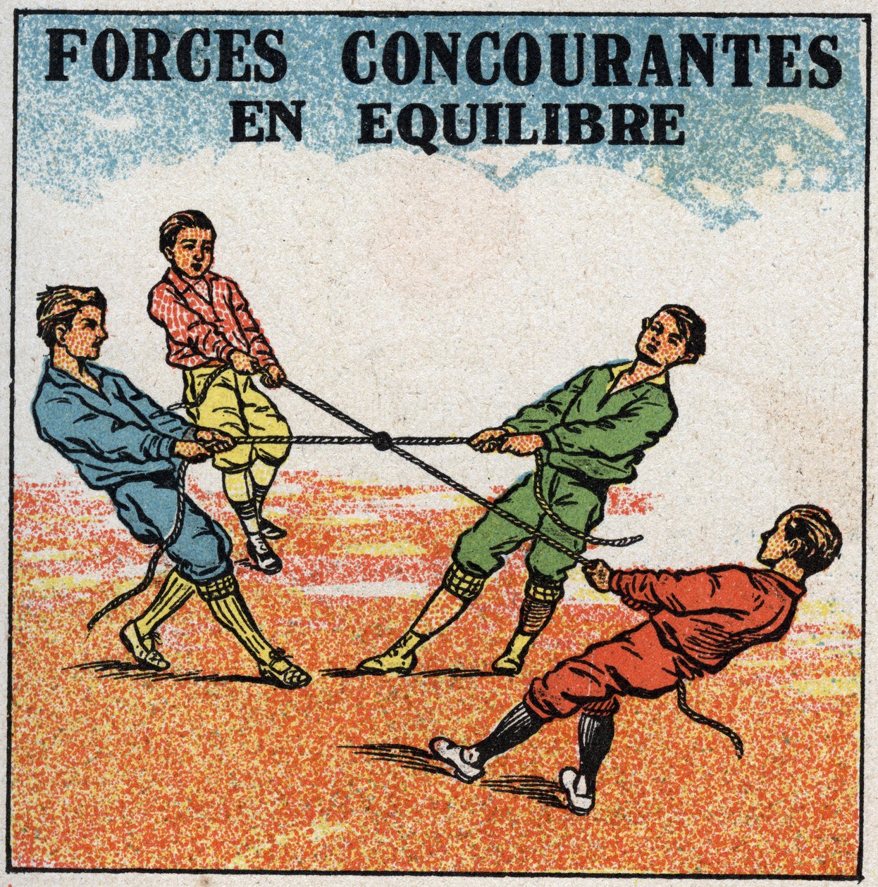 Fuerzas: fuerzas competidoras en equilibrio. Niños tirando de un anillo, cada uno con una cuerda desde su lado, mientras permanecen en equilibrio. Ilustración anónima de 1925. Colección privada. de Anonymous Anonymous