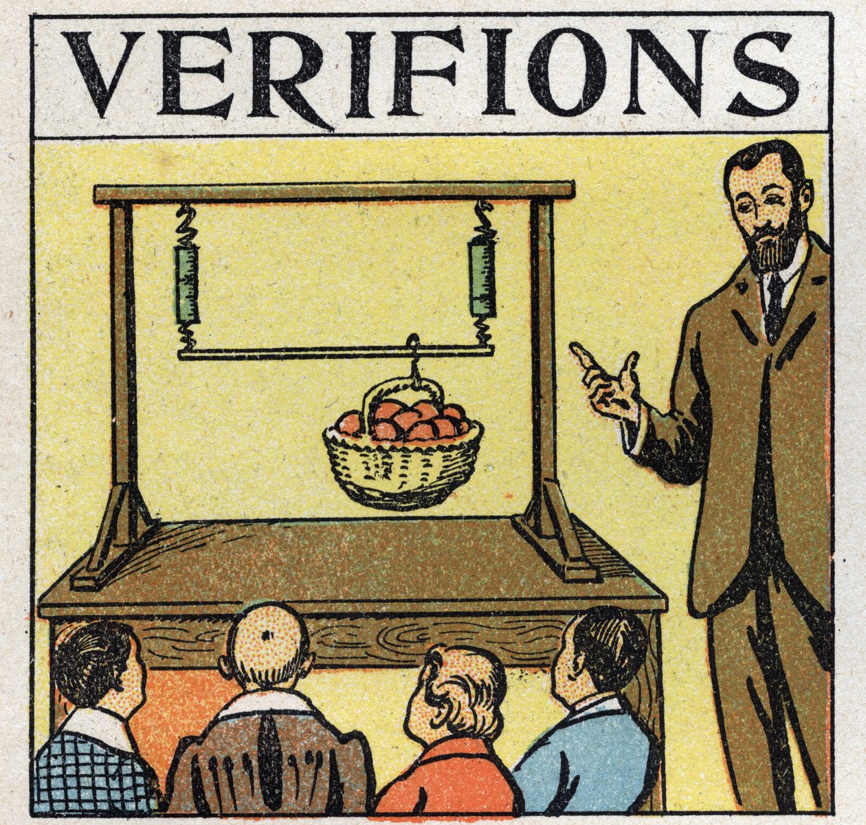 Fuerzas: fuerzas paralelas. Cesta de manzanas levantada con un palo sostenido por dos resortes. Ilustración anónima de 1925. Colección privada. de Anonymous Anonymous