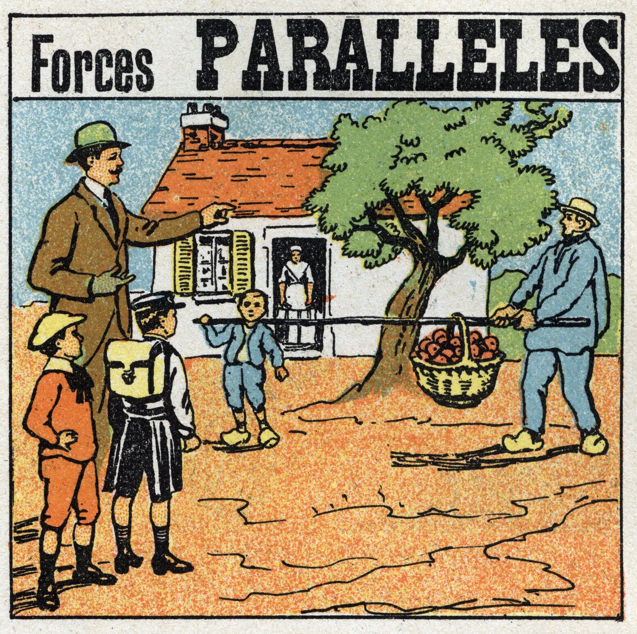 Fuerzas: fuerzas paralelas. Cesta de manzanas levantada con un palo por dos hombres de diferentes fuerzas. Ilustración anónima de 1925. Colección privada. de Anonymous Anonymous