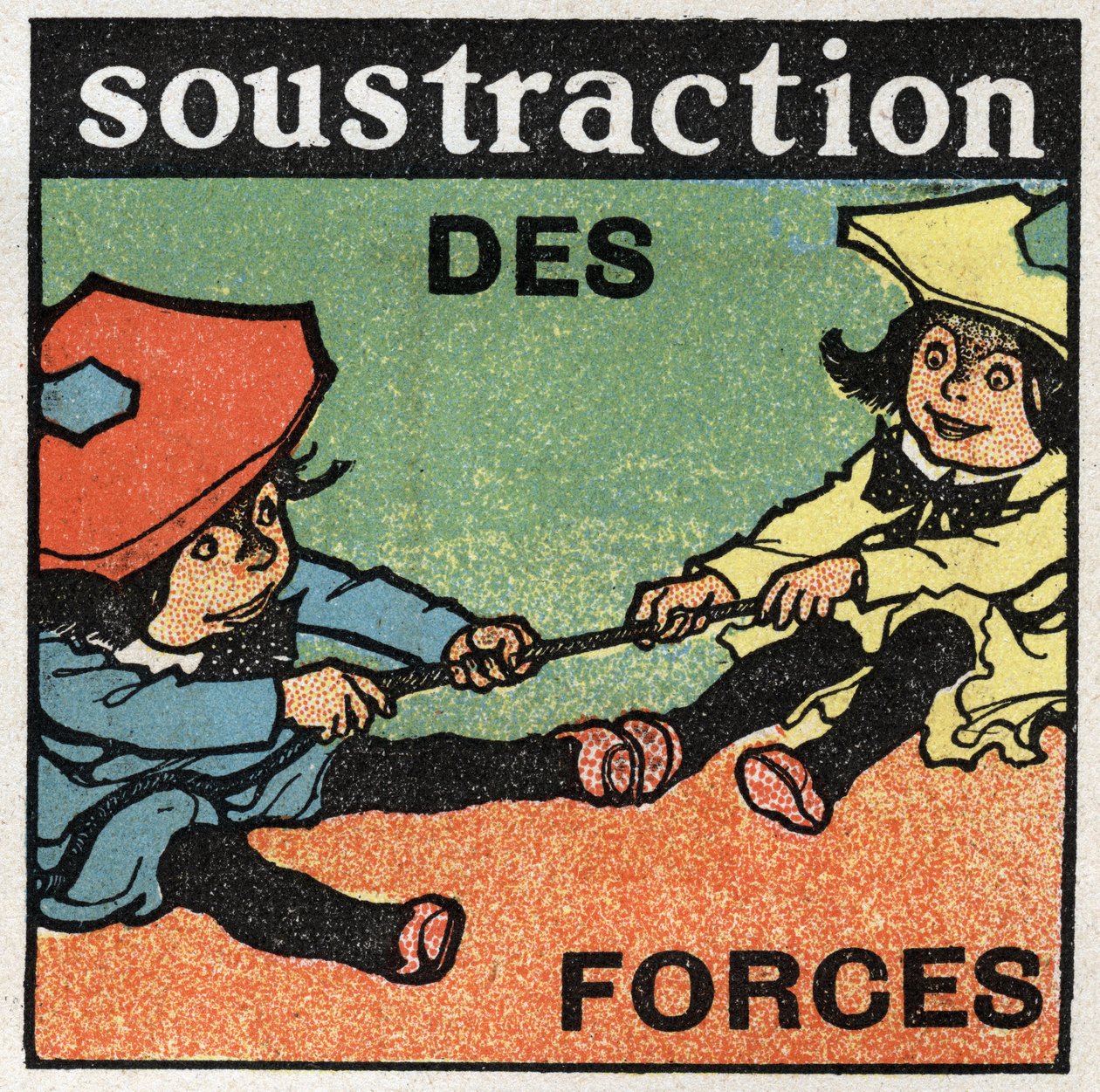 Fuerzas: resta de fuerzas. Dos niños tirando de una cuerda. Ilustración anónima de 1925. Colección privada. de Anonymous Anonymous