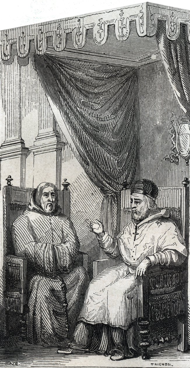 Francisco de Paula fundador de la Orden Católica Romana de los Mínimos y el Papa Sixto IV - San Francisco de Paula (Francesco di Paola) (1416-1507), fundador de la Orden de los Mínimos con el Papa Sixto IV - Grabado de 1846 en 