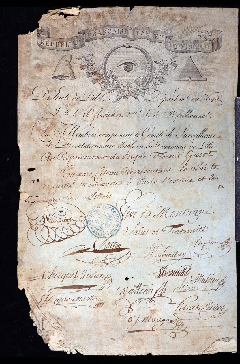 Revolución Francesa: atestación de ciudadanía de Guiot de Saint-Florent (Saint Florent) llamado Florent-Guiot (o Florent-Guyot) (1735-1834), revolucionario y representante del pueblo, por el Comité Revolucionario de Lille fechado el año 16 II (02/09/1 de Anonymous Anonymous