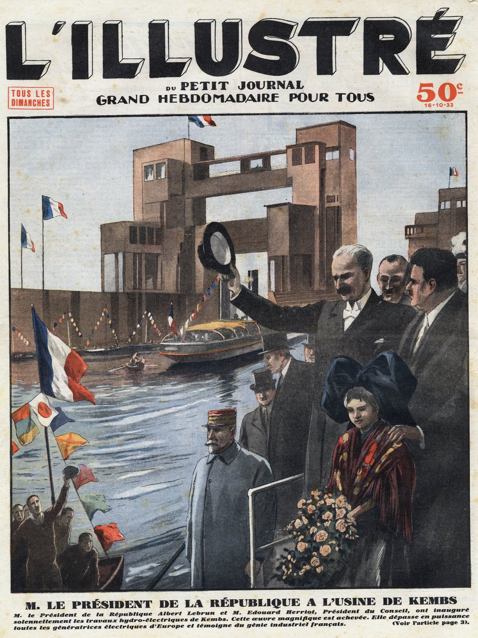 Industria francesa: Albert Lebrun (1871-1950), presidente de la República y Edouard Herriot (1872-1957), presidente del consejo, inauguraron la central hidroeléctrica de Kembs en el Alto Rin en Alsacia. Grabado en la portada de "L