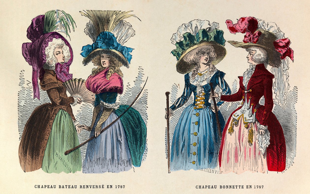 De izquierda a derecha: Sombrero de barco volcado; Sombrero de hilo en 1787 - colección privada de Anonymous Anonymous