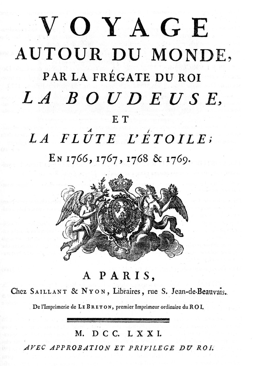 Frontispicio de 1771 del libro "Viaje alrededor del mundo por la fragata del rey La Boudeuse y la flauta L