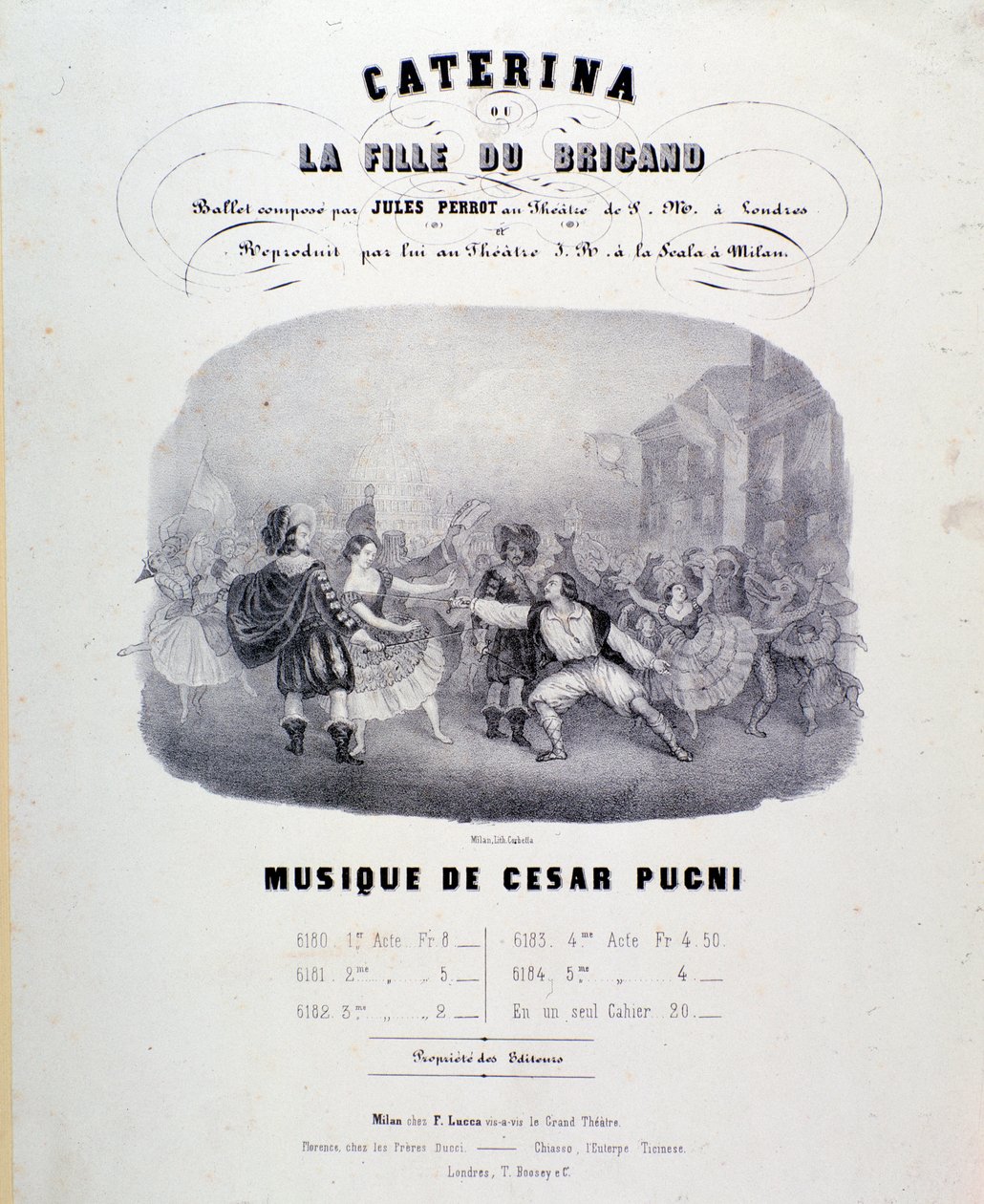 Portada de la partitura musical de Catarina o la hija del bandido por Pugni para la representación en el Teatro alla Scala (1847) de Anonymous Anonymous