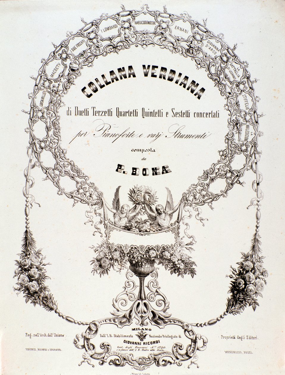 Frontispicio de una colección de partituras musicales de Giuseppe Verdi de Anonymous Anonymous