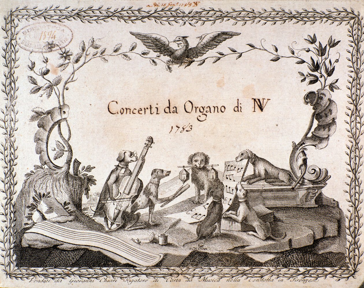 Portada de una partitura musical con representación de animales tocando instrumentos musicales (1783) de Anonymous Anonymous